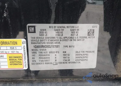 2013 GMC Acadia Slt-1 из США, поврежденный, VIN 1GKKVRKD8DJ197681